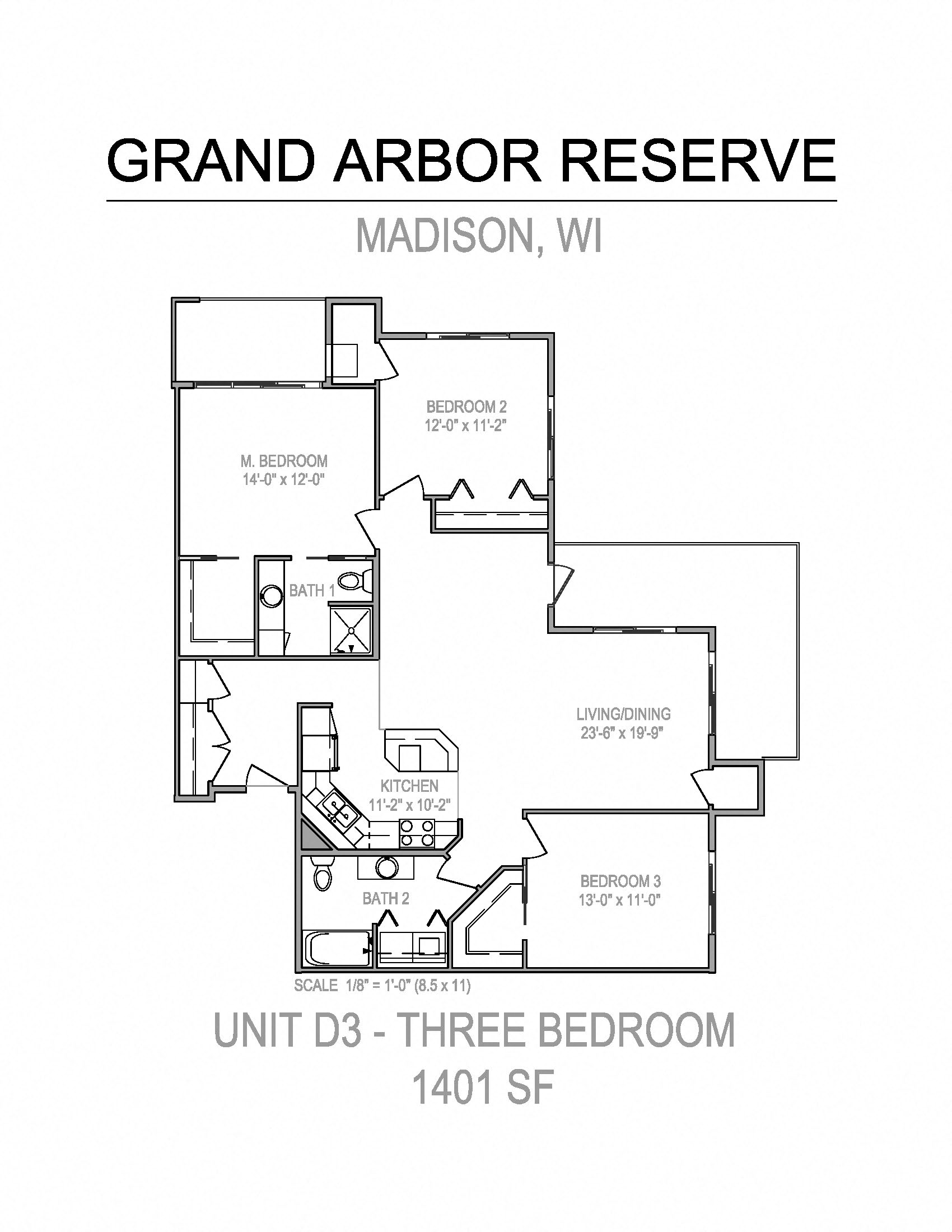 Floor plan for 3 beds, 2 baths, 1401 sqft